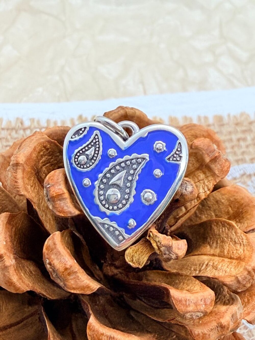 James Avery Blue Enamel Western Bandana Heart Charm Sterling Silver